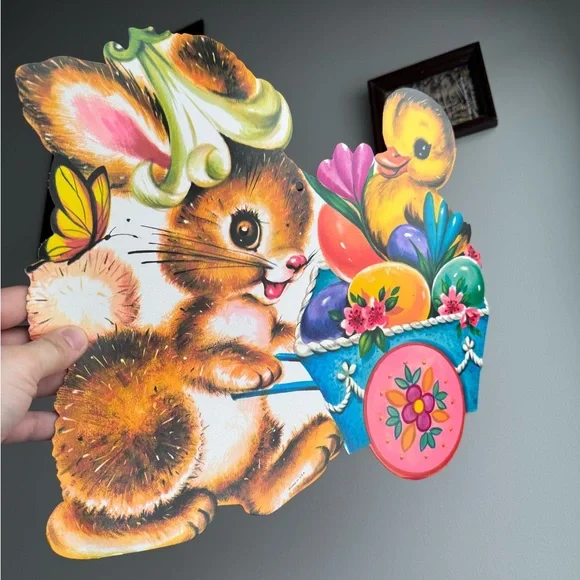 Vintage Easter Bunny Chick Egg Basket Die Cut USA Made Holiday Wall Ephemera - Picture 15 of 15